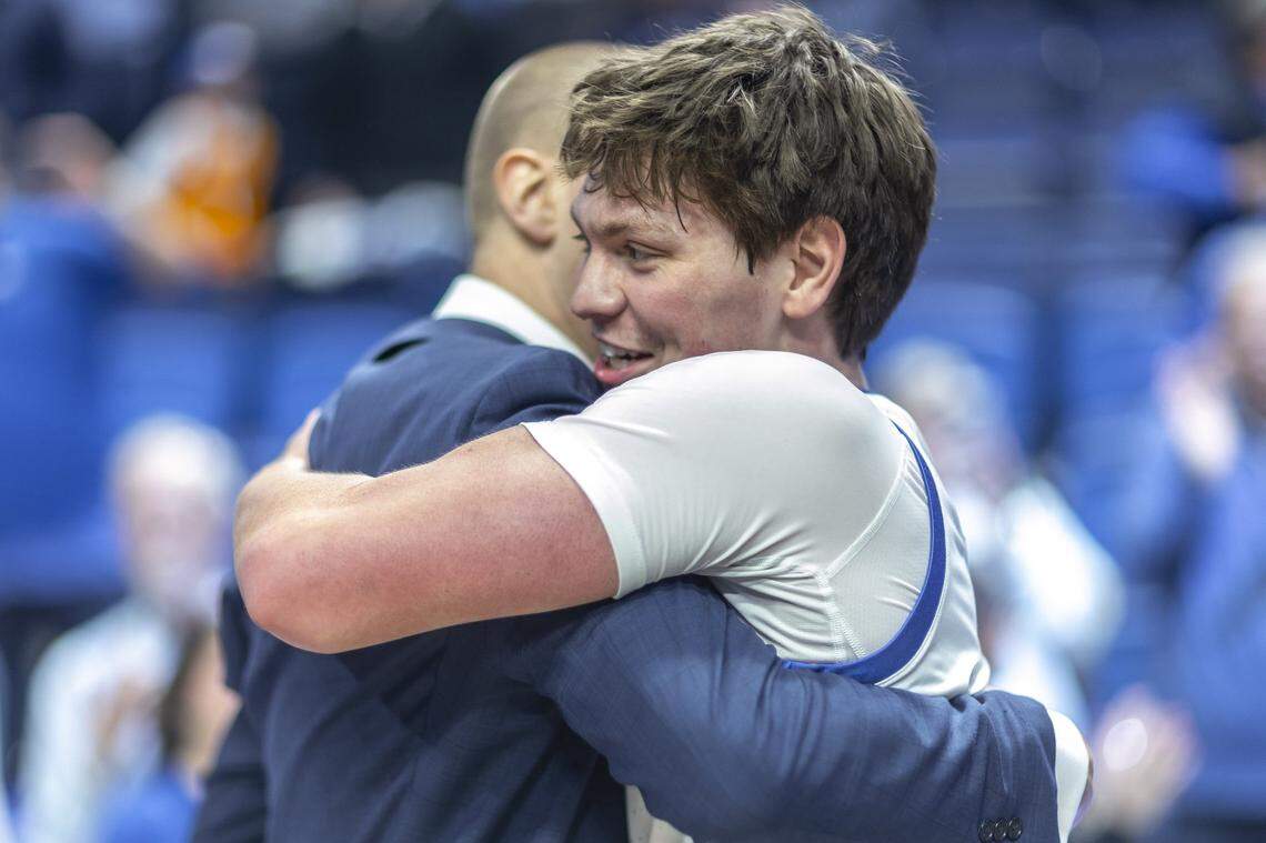 Former Harlan County High School star Trent Noah gets a hug from Kentucky head coach Mark Pope after scoring a career-high 11 points in a season-high 18 minutes off the bench during Tuesday night’s UK upset of No. 5 Tennessee in Rupp Arena.