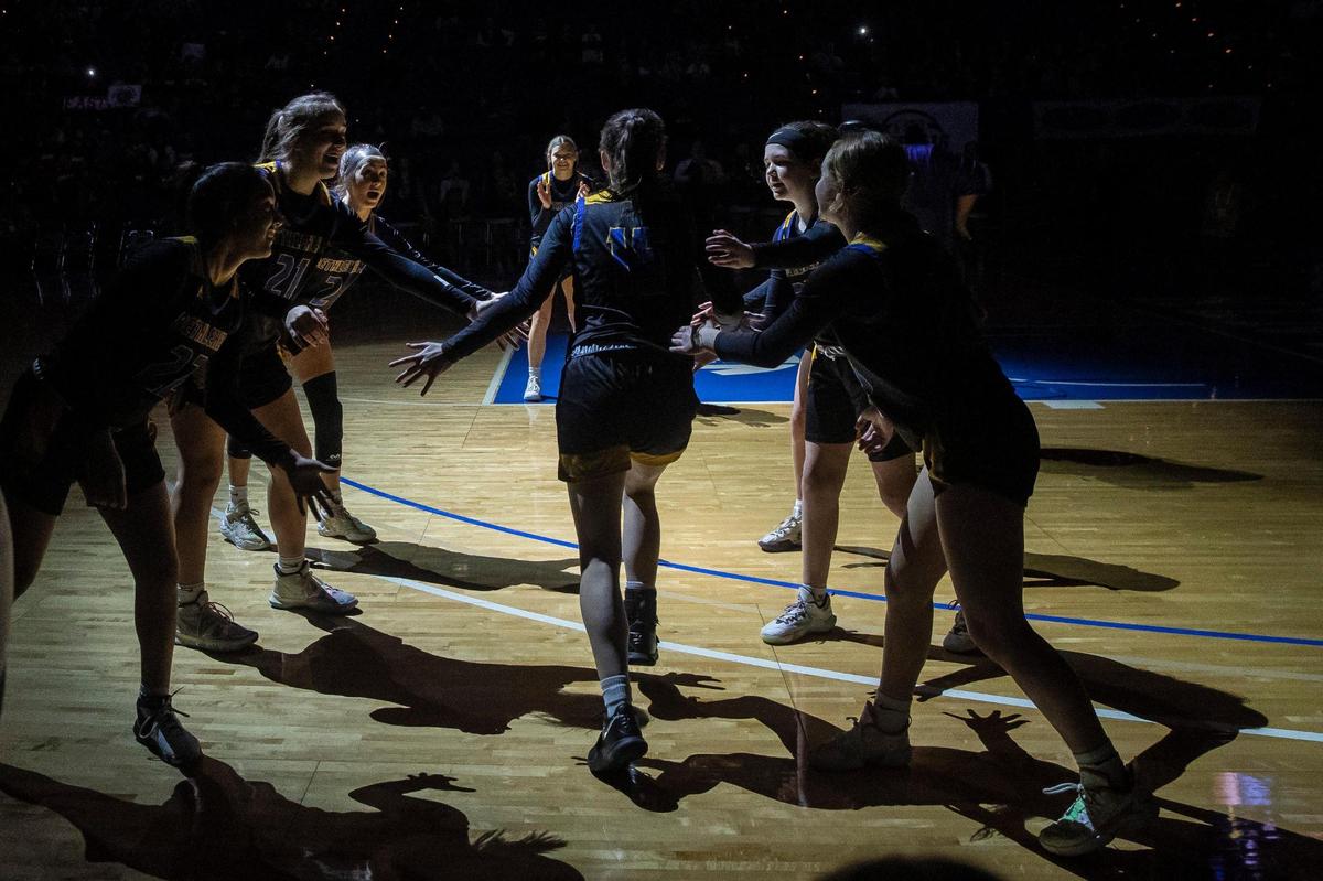 The Bethlehem starting lineup is introduced before a game against Bullitt East at the 2022 Mingua Beef Jerky Girls’ Basketball Sweet Sixteen at Rupp Arena in Lexington, Ky., on Wednesday, March 9, 2022.