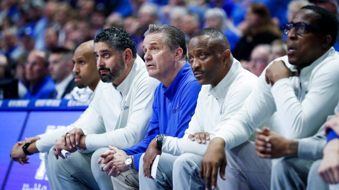 John Calipari and the Kentucky coaching staff look on during the final game played in Rupp Arena for the 2022-23 season. The Cats will open the 2023-24 season at home on Nov. 6.