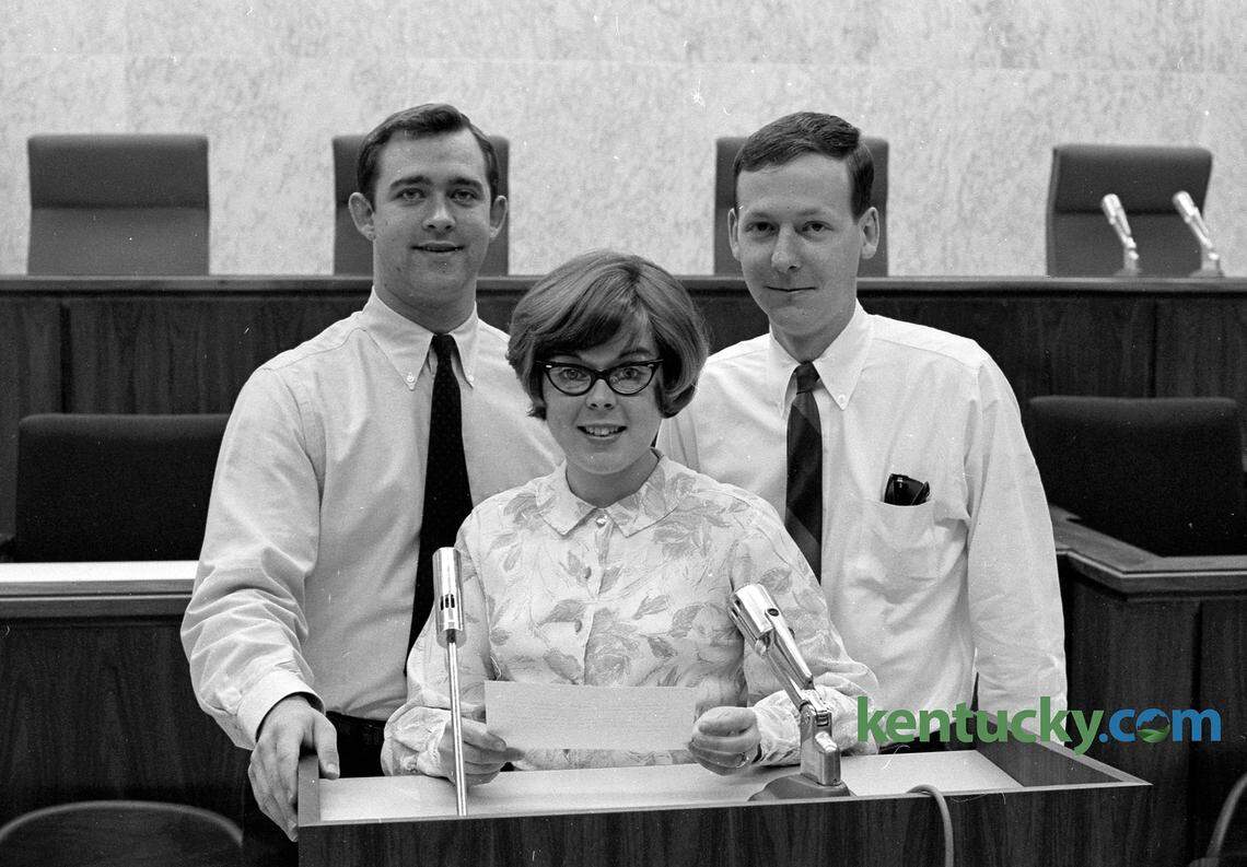 Kentucky Sen. Mitch McConnell, in his second year in the College of Law at the University of Kentucky, April, 1966. McConnell, pictured at right, was selected to represent the College of Law in regional competition in Lincoln, Neb. with J. Kevin Charters and Judy Ward Smith. The team was selected after presenting simulated appellate arguments before the Kentucky Court of Appeals. Published in the Lexington Leader April 26, 1966.