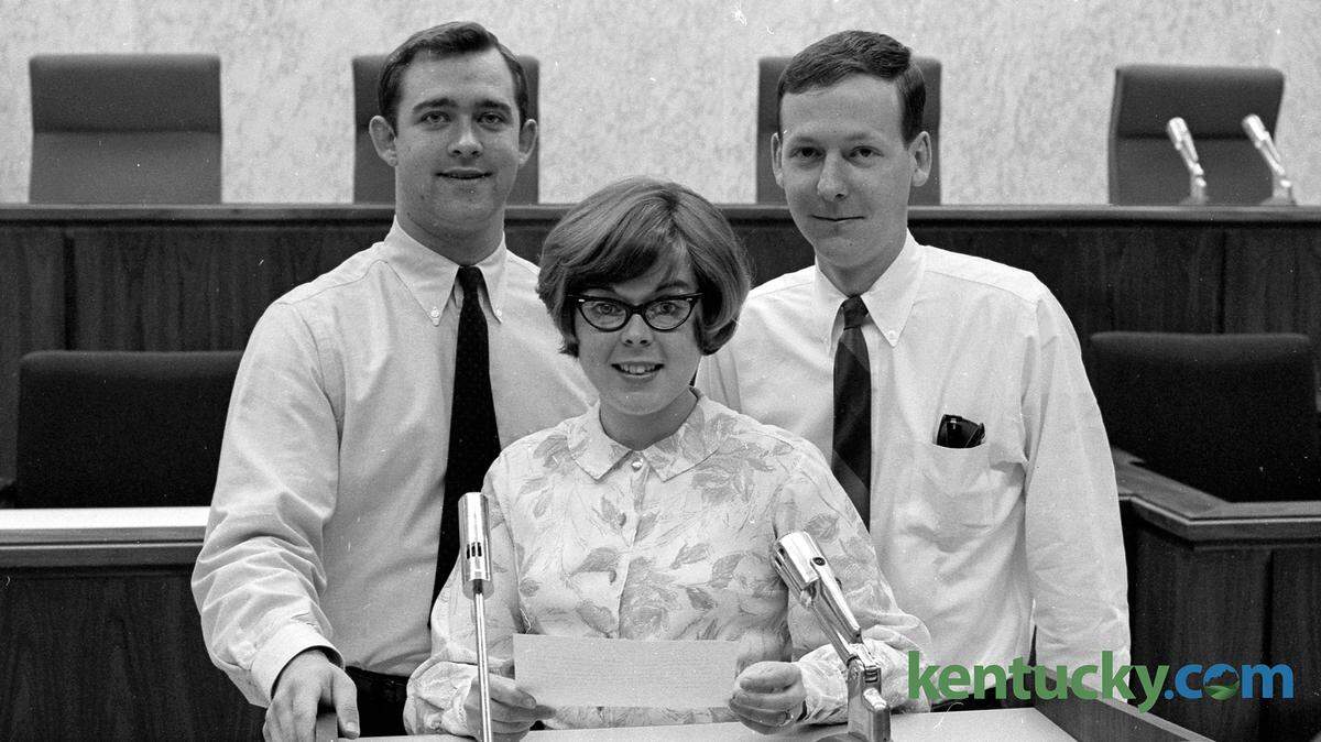 Kentucky Sen. Mitch McConnell, in his second year in the College of Law at the University of Kentucky, April, 1966. McConnell, pictured at right, was selected to represent the College of Law in regional competition in Lincoln, Neb. with J. Kevin Charters and Judy Ward Smith. The team was selected after presenting simulated appellate arguments before the Kentucky Court of Appeals. Published in the Lexington Leader April 26, 1966.