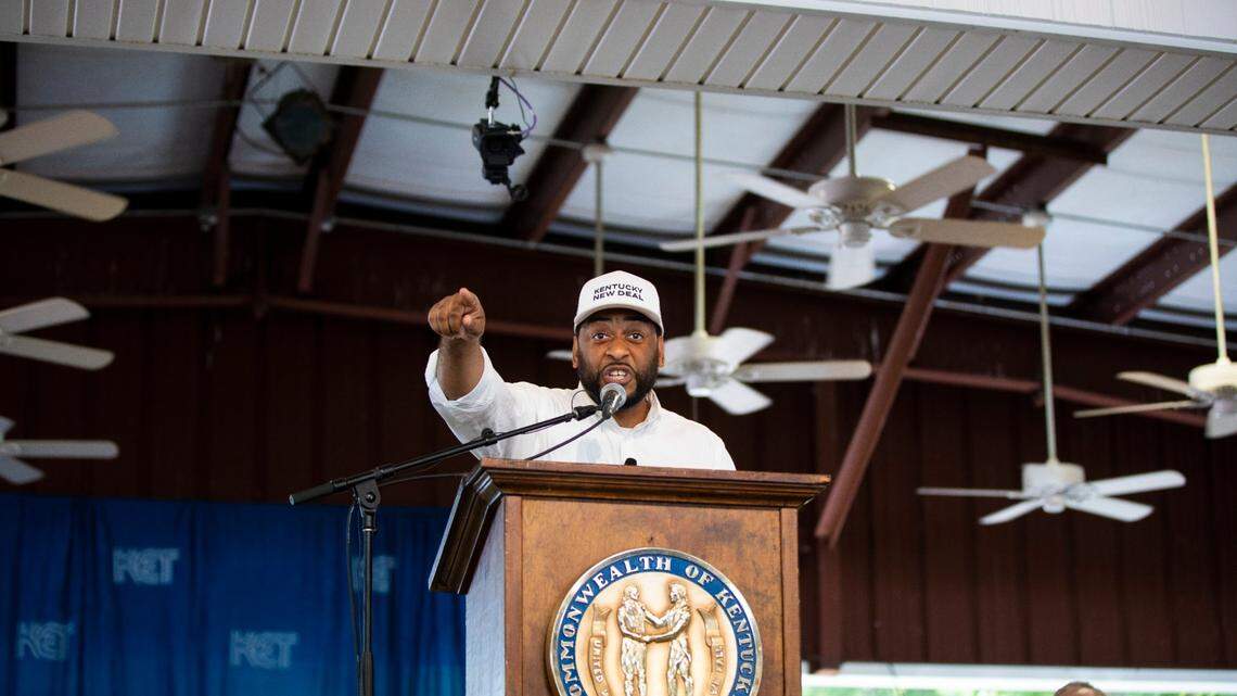 U.S. Senate candidate Charles Booker speaks the crowd gathered for the 142nd annual St. Jeromes Fancy Farm Picnic before politicians deliver speeches in Fancy Farm, Ky., Saturday, August 6, 2022.