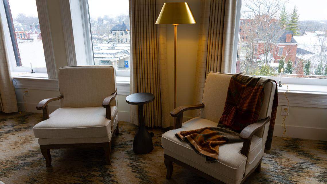 A warm, cozy sitting area in a lavish suite at Hotel Thoroughbred, a 19-room boutique hotel undergoing restoration in downtown Paris, Ky, on Dec. 4, 2025.
