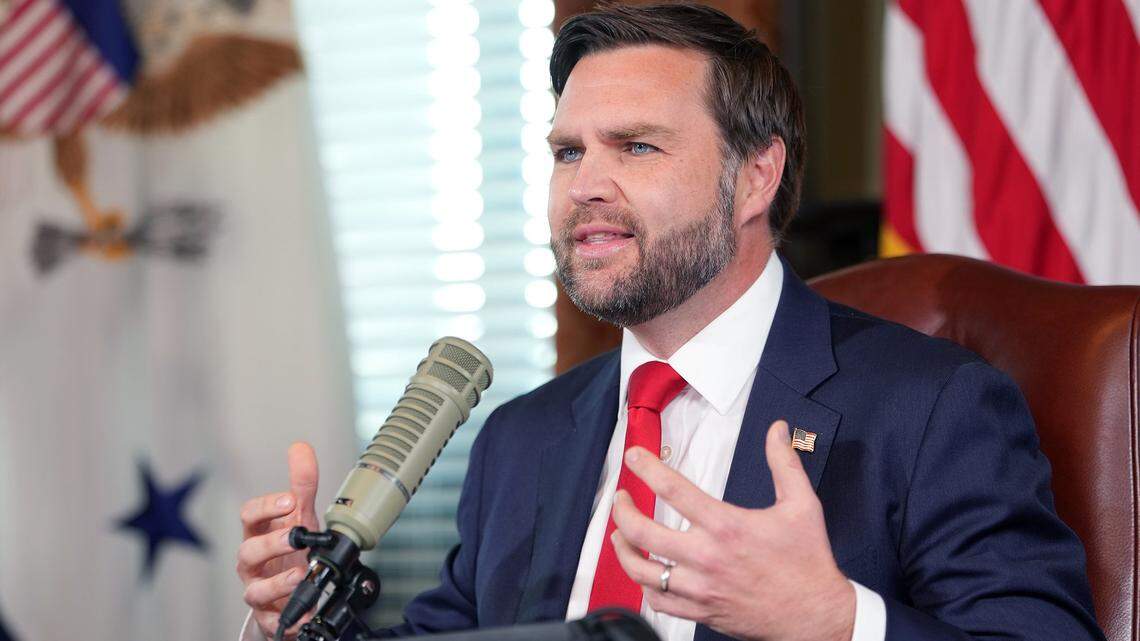 U.S. Vice President JD Vance hosts a podcast episode of "The Charlie Kirk Show" following the assassination of the show's namesake, at the White House on Sept. 15, 2025, in Washington, D.C. Tyler Robinson is accused of fatally shooting Charlie Kirk, CEO and co-founder of Turning Point USA, while he was speaking at an event for his "American Comeback Tour" on the campus of Utah Valley University. (Doug Mills/Pool/Getty Images/TNS)