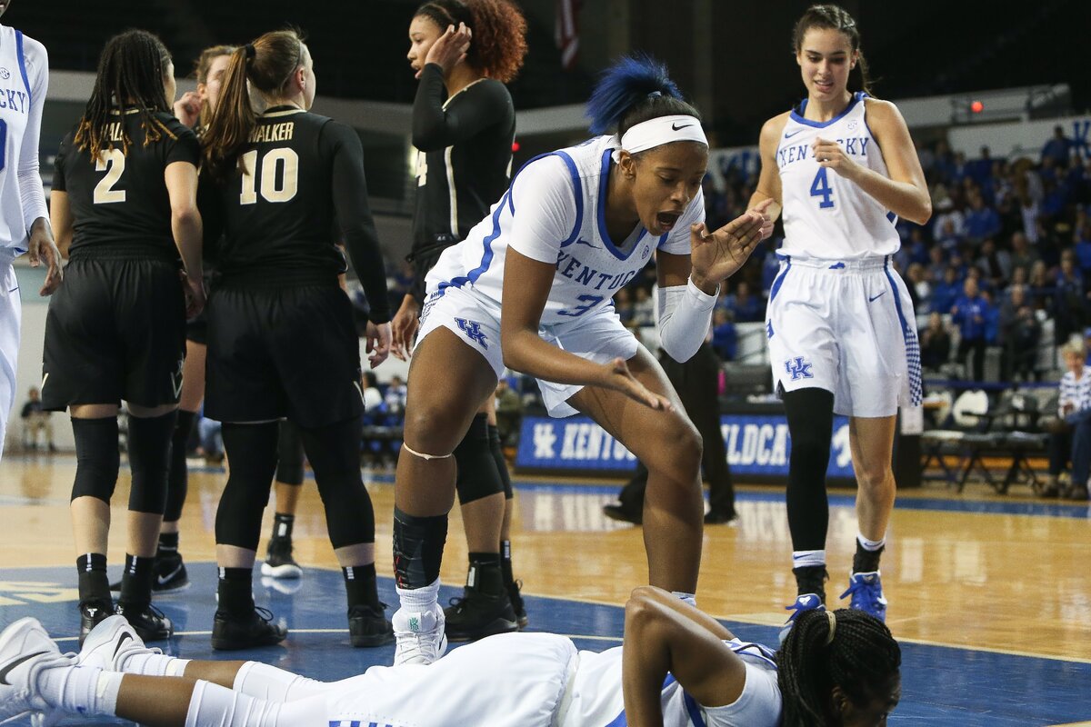Kentucky’s KeKe McKinney applauded the and-one effort by Taylor Murray on Thursday night against Vanderbilt in Memorial Coliseum.
