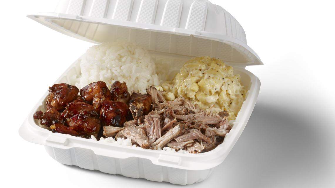 Different meats can be mixed up on the larger Hawaiian plate lunches at Hawaiian Bros Island Grill, such as Huli Huli Chicken with teriyaki flavor and slow roasted kalua pork seasoned with Hawaiian sea salt.