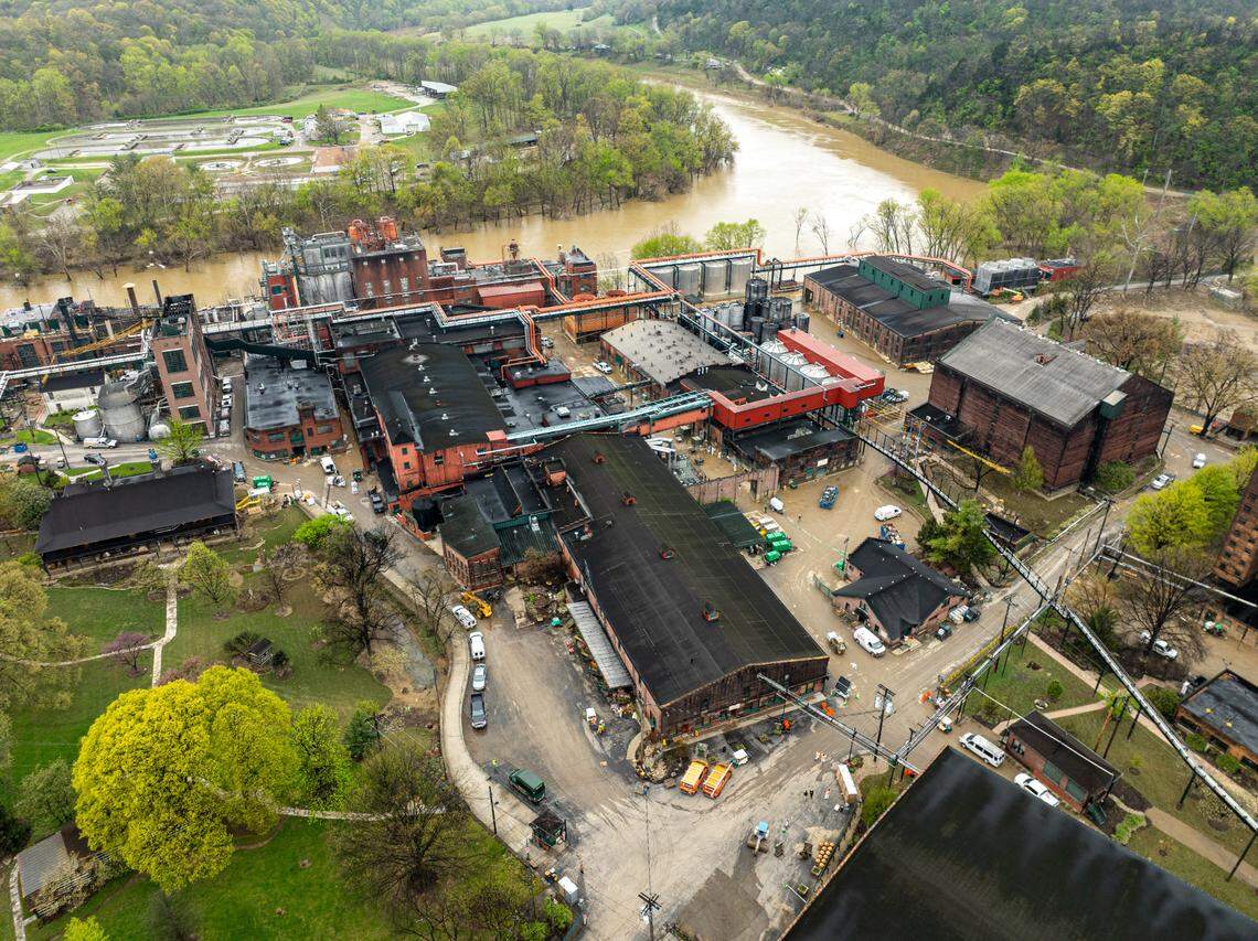This contributed photo shows the flooded campus of Buffalo Trace Distillery in Frankfort, Ky., during early April 2025 flooding. Officials said the buildings sustained substantial damage.The distillery has since been repaired and reopened. 