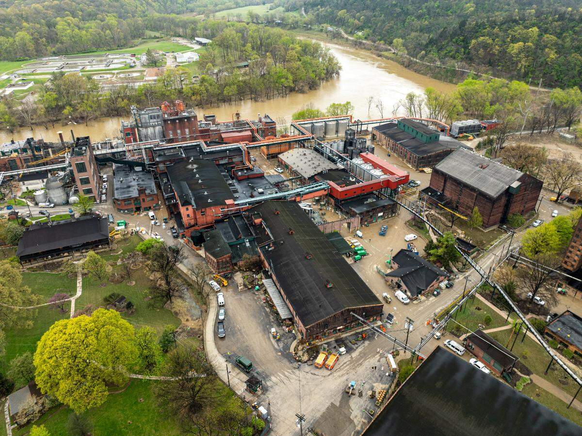 This contributed photo shows the flooded campus of Buffalo Trace Distillery in Frankfort, Ky., during early April flooding. Officials said the buildings sustained substantial damage.