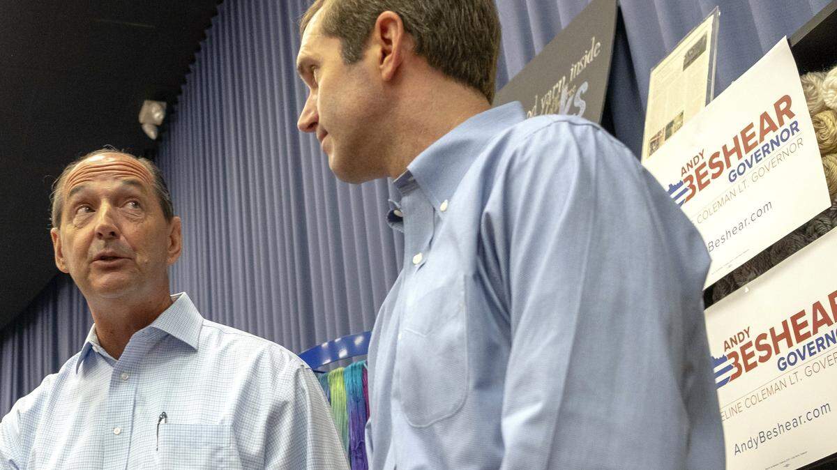 Democratic gubernatorial nominee Andy Beshear, right, and Kentucky House Minority Floor Leader Rocky Adkins, left, campaign Monday, June 11, 2019, in Morehead, Ky. Beshear will face incumbent Republican Gov. Matt Bevin in the fall 2019 general election.