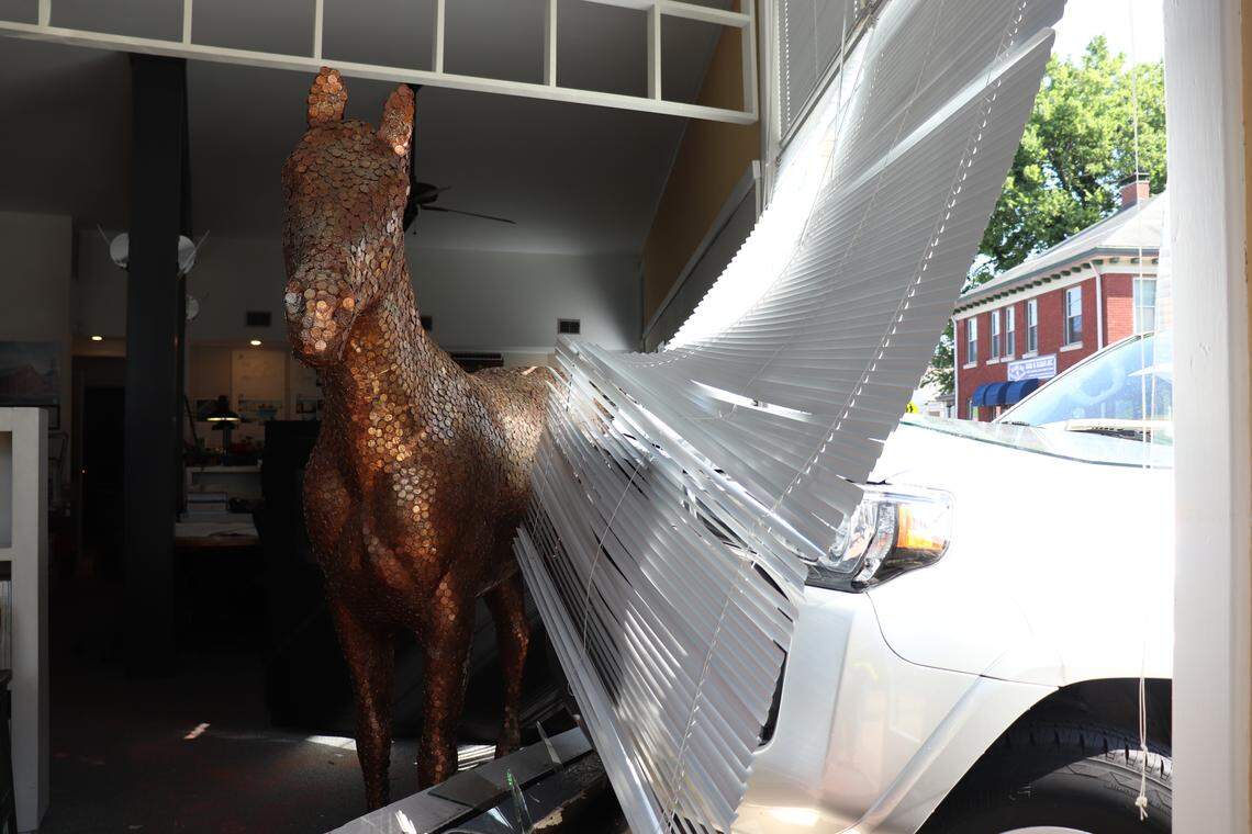 When an SUV crashed through Pearson & Peters architects on Friday, Maureen Peters said their horse “Penny” was moved and lost a few coins.