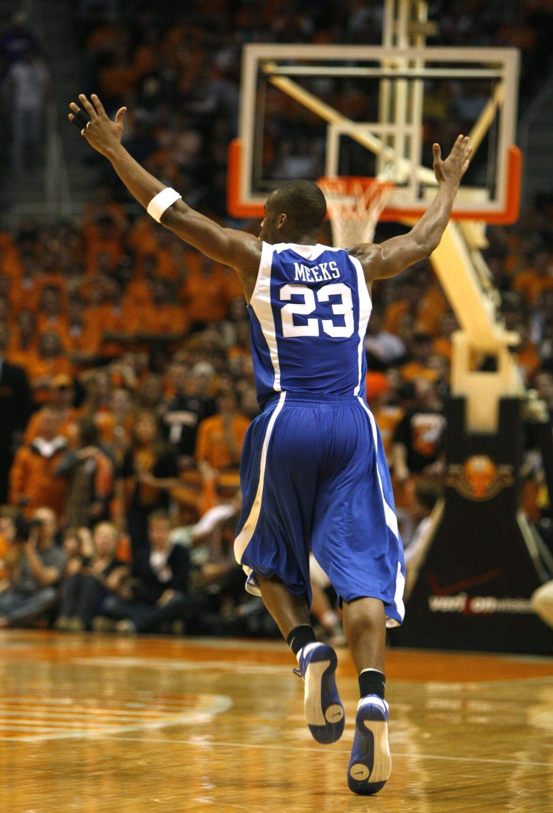 Jodie Meeks ran downcourt after hitting another 3-pointer against Tennessee on Jan. 13, 2009. UK won the game 90-72, and Meeks set school records with 10 3-pointers and 54 points in the victory.
