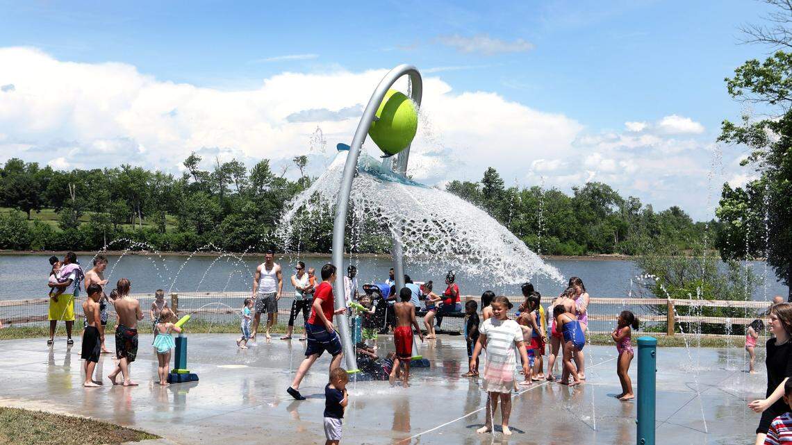 Water dropped on kids as they played Saturday on the Splash Pad at Jacobson Park.
