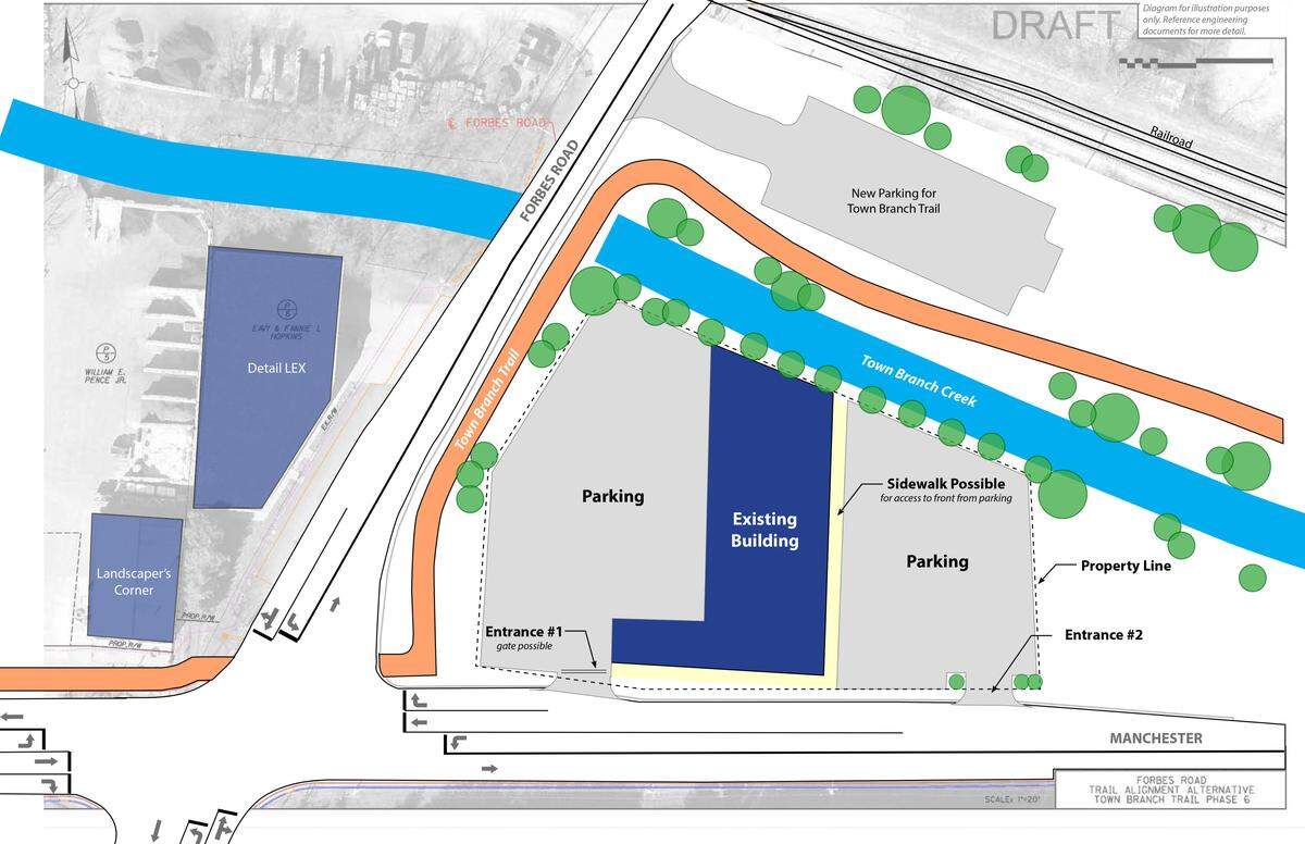 The proposed Town Branch Trail will go on one side of property owned by Eavy Hopkins at the corner of Manchester Street and Forbes Road. The previous design had the Town Branch Trail going through Hopkins’ property.