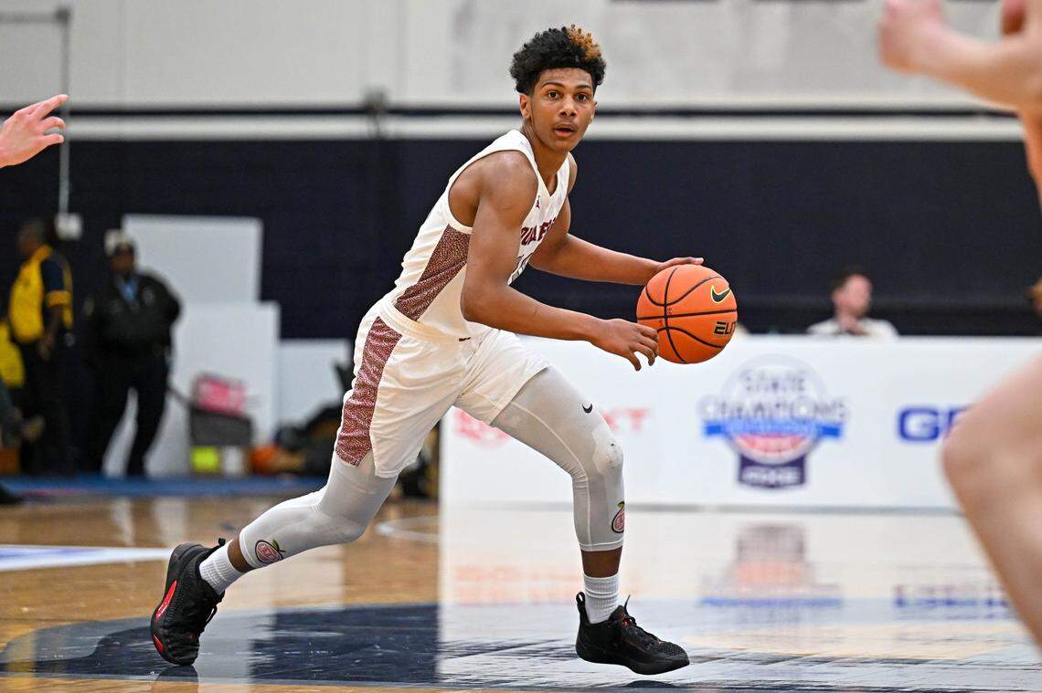 Apr 7, 2023; Washington, DC, USA; Sidwell Friends (DC) guard Acaden Lewis (20) handles the ball during the first quarter against Corner Canyon (UT) at Georgetown University. Mandatory Credit: Reggie Hildred-USA TODAY Sports