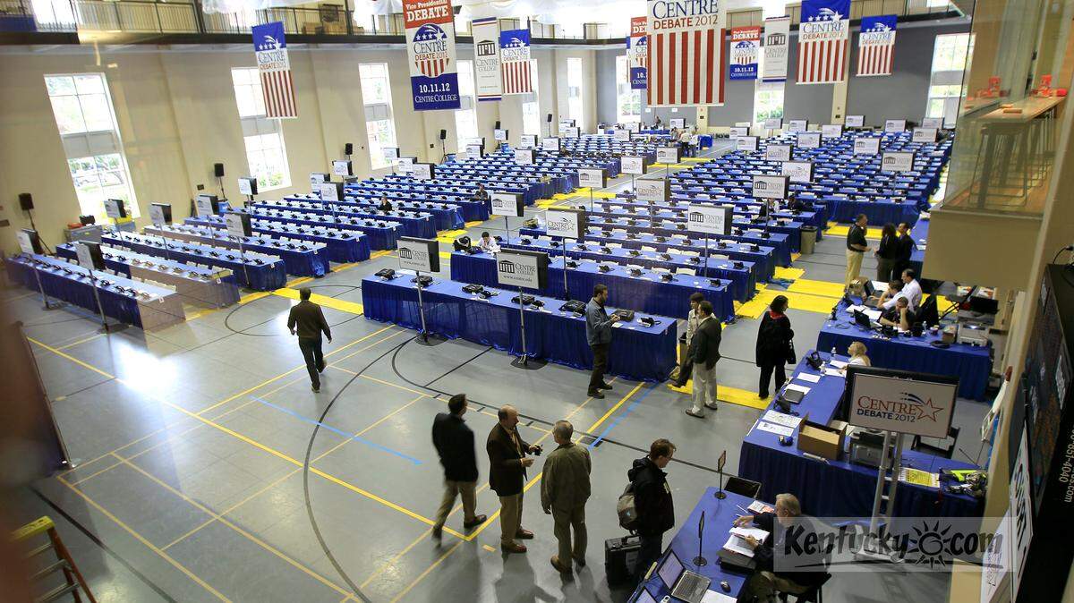 The media hall was ready on the Centre College campus on Oct. 10, a day before the vice presidential debate between Democratic incumbent Vice President Joe Biden and Republican challenger Paul Ryan.  Photo by Charles Bertram | Staff