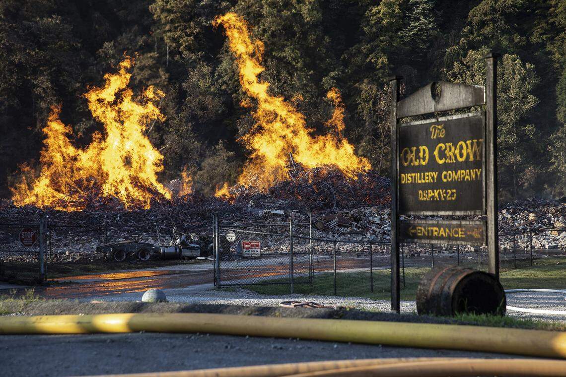 A Jim Beam bourbon warehouse in Woodford County, Ky., burns on Wednesday, July 3, 2019, after catching fire late Tuesday night.