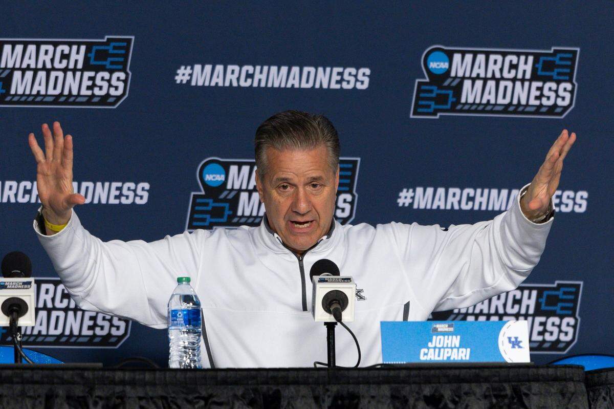 Kentucky head coach John Calipari speaks at a press conference before an open practice ahead of the team’s first-round NCAA Tournament loss to Oakland.