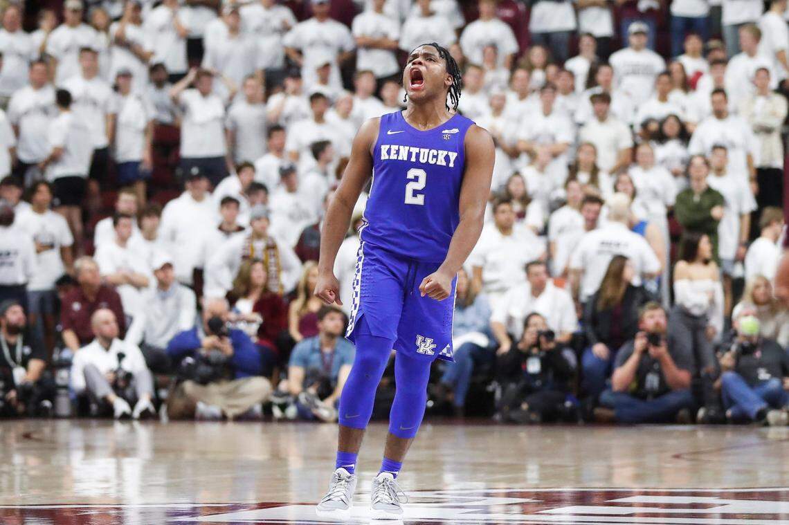 Kentucky guard Sahvir Wheeler (2) celebrated during the Wildcats’ hard-fought 64-58 victory over Texas A&M last season at Reed Arena in College Station.