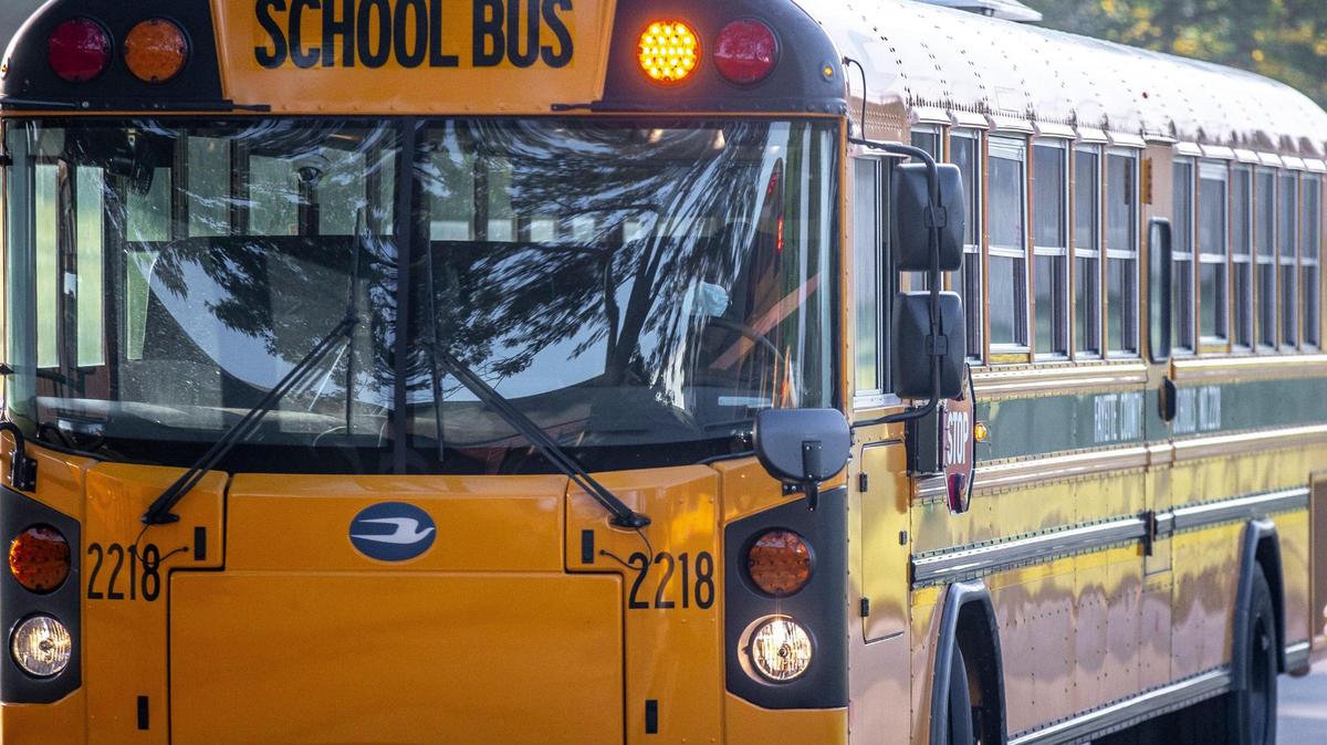 A school bus arrives at Northern Elementary School in Lexington, Ky., on the first day of school, Wednesday, Aug. 16, 2023.