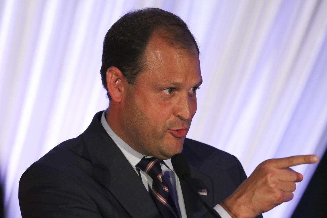 Congressman Andy Barr is welcomed onto the stage at the Republican Party of Kentucky’s Lincoln Dinner at the Hilton Downtown in Lexington, Ky., Aug 25, 2018. He was followed by White House Press Secretary Sarah Huckabee Sanders.