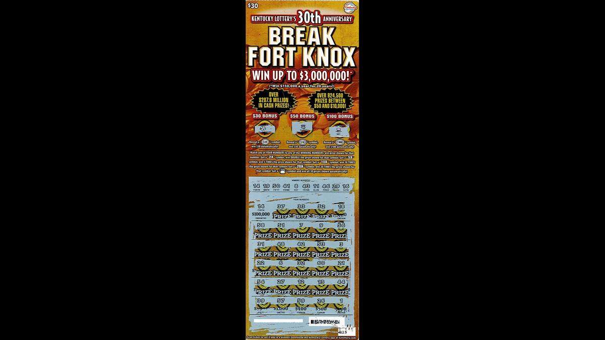 An Indiana teacher passing through Kentucky recently won $100,000 on this scratch-off ticket purchased in Milton.