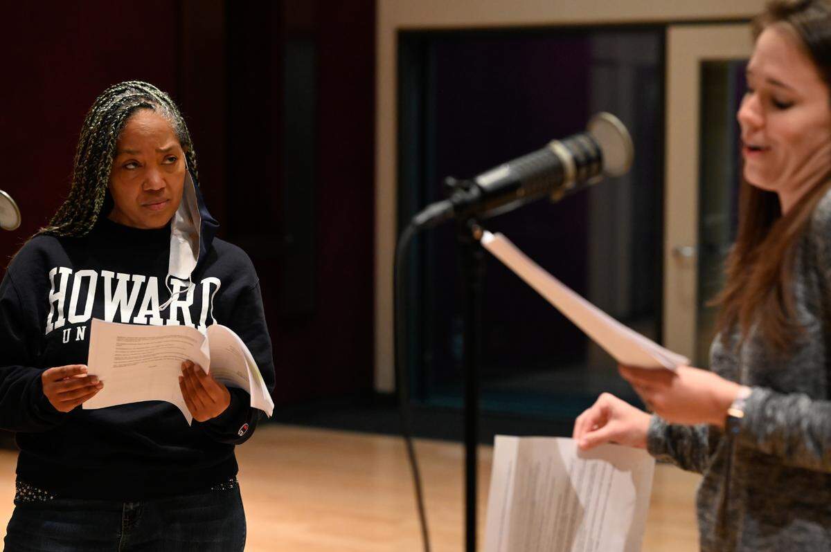 Nieta Wigginton is Baby Ruth Mitchell and Marianne Miller is Rebecca Ruth Soprano in “No More Leftovers” by Frank X Walker. AthensWest Theatre Company is producing the radio play “Last-Minute Gifts” with WUKY-FM 91.3. Recording took place at the WUKY studios, 2640 Spurr Road in Lexington, Kentucky on Dec. 4 and 5, 2021. The shows air Dec. 20 and 25, 2021.