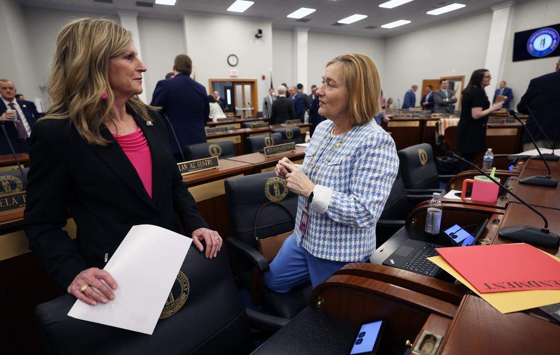 Rep. Marianne Proctor, R-Union, confers with Rep. Nancy Tate, R-Brandenburg, on the House floor on Feb. 12, 2026.