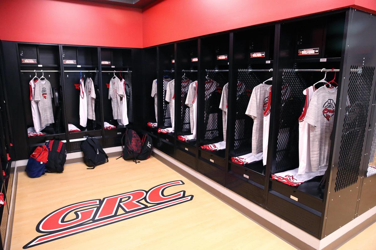The boys’ locker room in the new gymnasium at George Rogers Clark High School, which was unveiled to the public Tuesday.