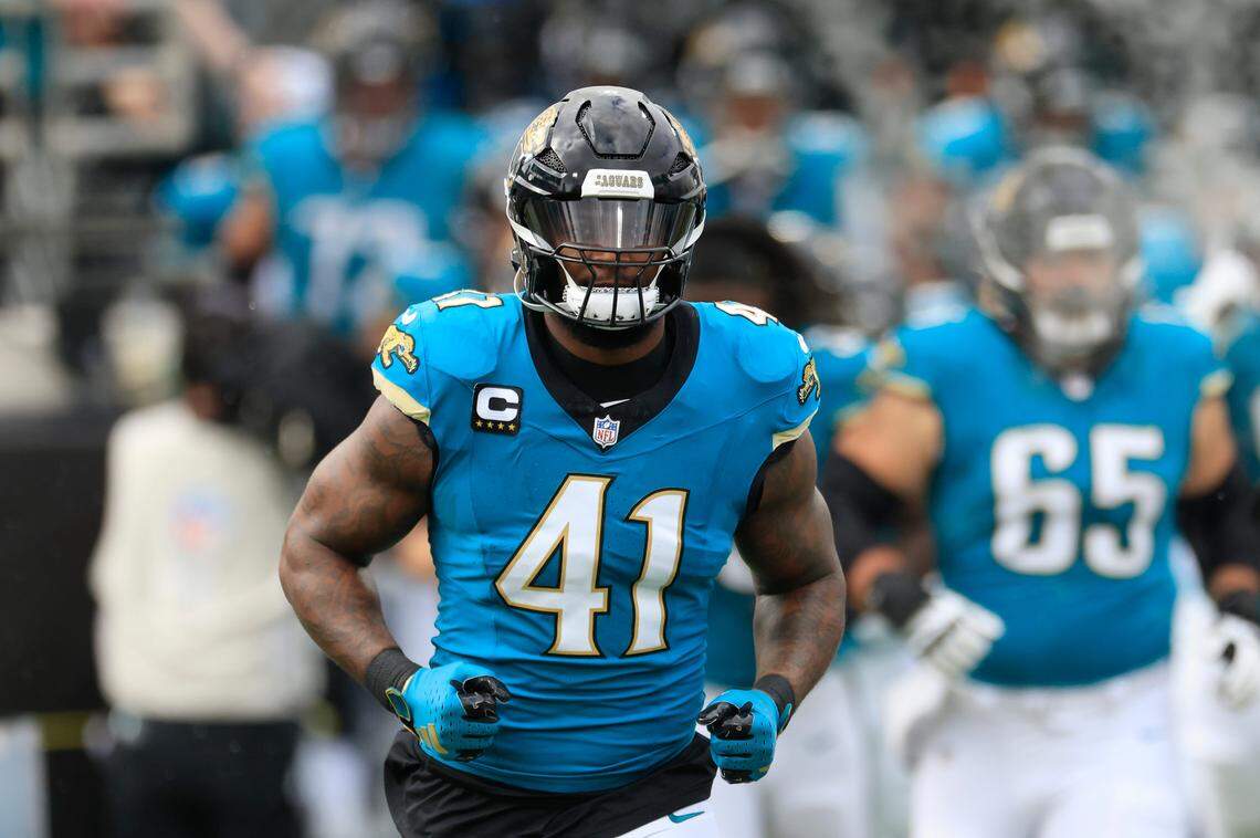 Jacksonville Jaguars defensive end Josh Hines-Allen (41) runs on the field before an NFL football matchup Sunday, Dec. 15, 2024 at EverBank Stadium in Jacksonville, Fla. [Corey Perrine/Florida Times-Union]