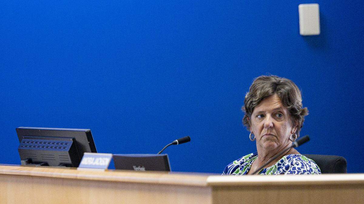 Amanda Ferguson, a board member, sits during a school board meeting on Monday, Aug. 18, 2025, at Fayette County Public Schools Central Office in Lexington, Ky. 