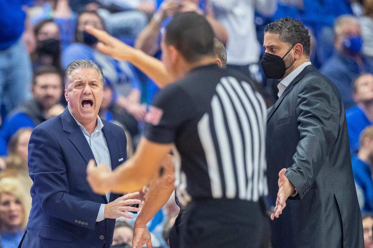 Kentucky Wildcats head coach John Calipari receives a technical foul in the first half of a game against the Vanderbilt Commodores at Rupp Arena in Lexington, Ky., on Wednesday, Feb. 2, 2022.