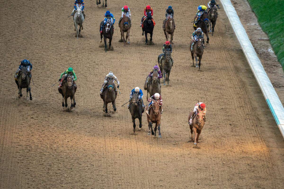 Kentucky Derby winner Rich Strike, front right, earned $1.86 million for just his second career victory. The colt finished third in his most recent race, the Jeff Ruby Steaks at Turfway Park last month.