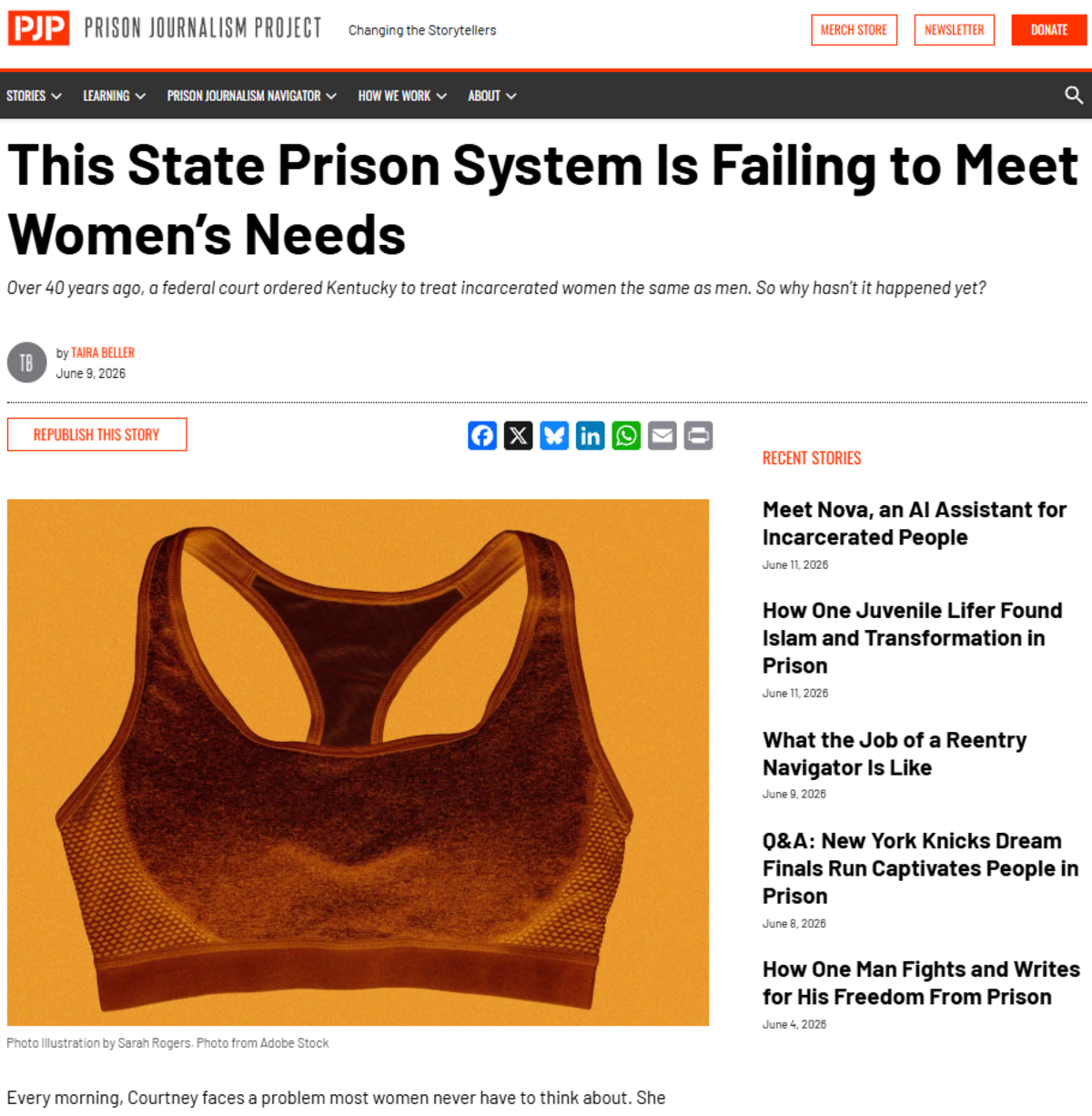 Kentucky inmate Taira Beller wrote a June 9, 2026, story for the Prison Journalism Project that criticized how the state Department of Corrections treats female inmates compared to male inmates.