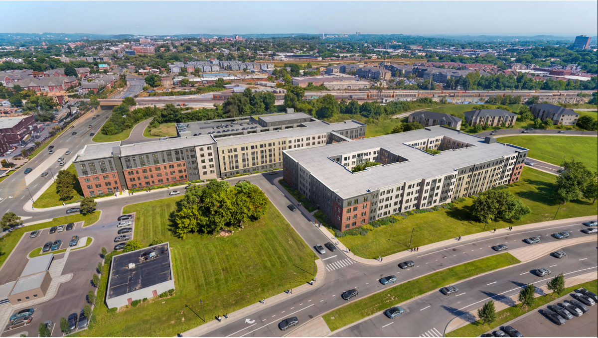 An aerial view of the proposed student housing development along Oliver Lewis Way, South Broadway and Chair Avenue.