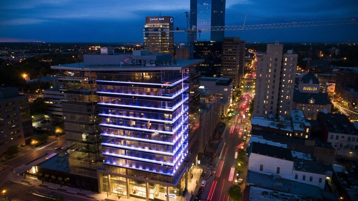 City Center is illuminated shortly after sunset in Lexington, Ky., Thursday, May 16, 2019.