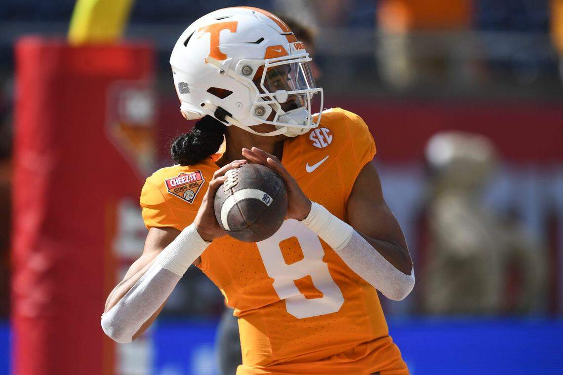Tennessee quarterback Nico Iamaleava (8) has thrown for eight touchdowns and had four passes intercepted this season.
