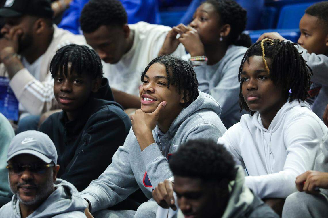 Caleb Wilson, left, Darius Acuff Jr., center, and Jasper Johnson attend Big Blue Madness at Rupp Arena on Oct. 13, 2023. All three are class of 2025 college basketball recruits.