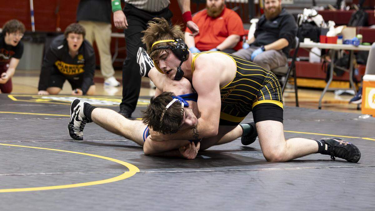 Harrison County’s Brock Sexton held down Lafayette’s Jeffrey Temprano during the 215 finals at the KHSAA Boys/Co-ed Region 6 Wrestling Championships at Harrison County High School in Cynthiana on Saturday.