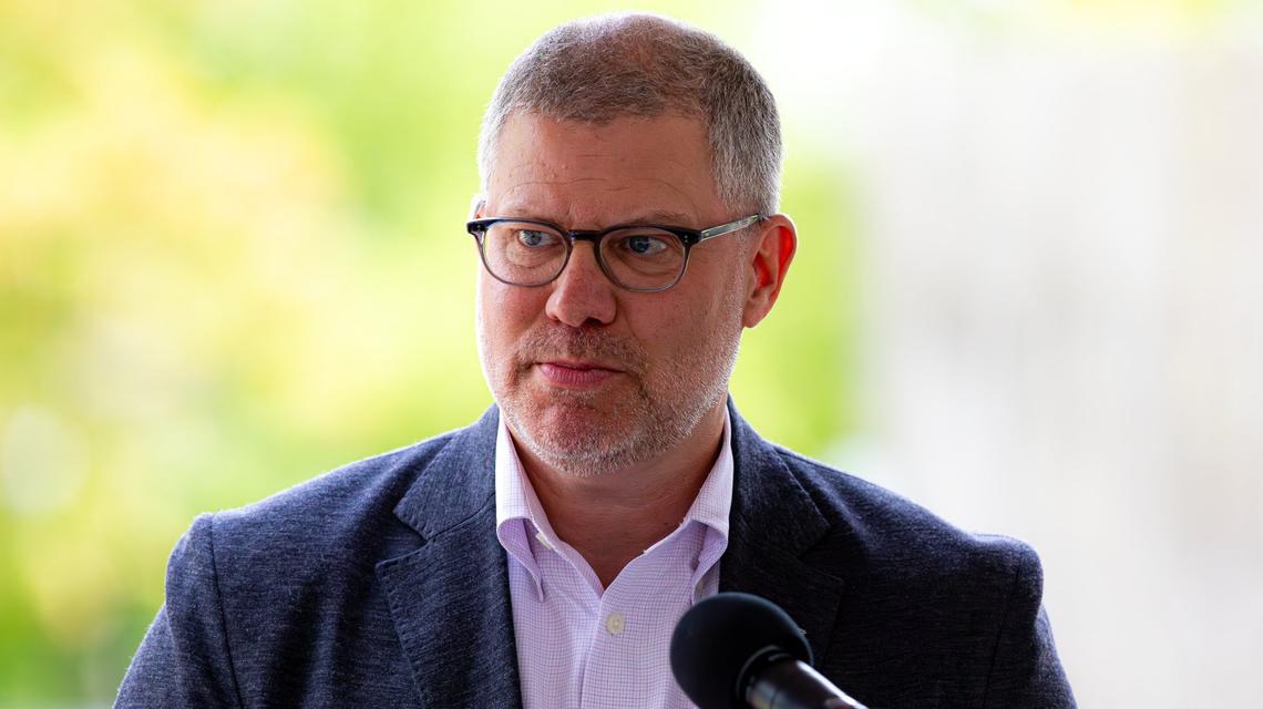 David Barrett of Glick Company speaks on the importance of affordable housing and how his company is working to provide that service to the community during the Ribbon cutting for a public-private partnership to make affordable senior living on May 14, 2025, in Lexington, Ky.