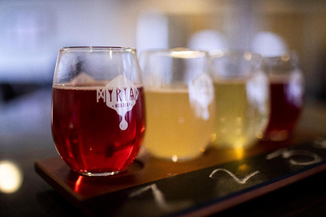 A flight of mead from Myriad Meadery on National Avenue in Lexington, Ky., with four “spritzers” made from different meads. Myriad Meadery will serve mead, which is made from fermented honey, the oldest known alcoholic beverage. They plan to have eight different kinds available as well as Mirror Twin beers on tap.