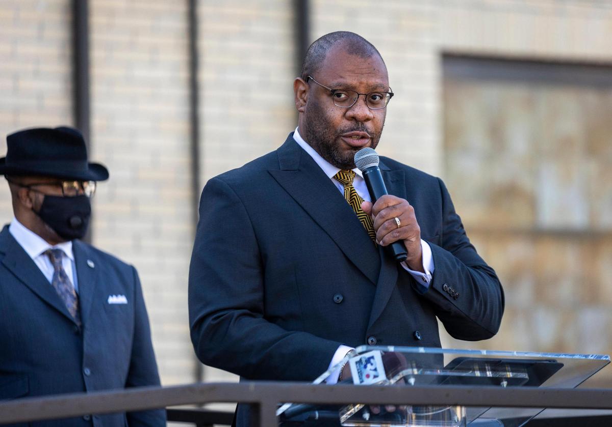 Rev. L. Clark Williams gives an update on the demands of the black faith leaders of Lexington to the city during a press conference at Shiloh Baptist Church in Lexington, Ky., Tuesday, October 13, 2020. “Housing, health, education, employment, and criminal justice disparities all stem from economic disparities,” Williams said during the press conference.