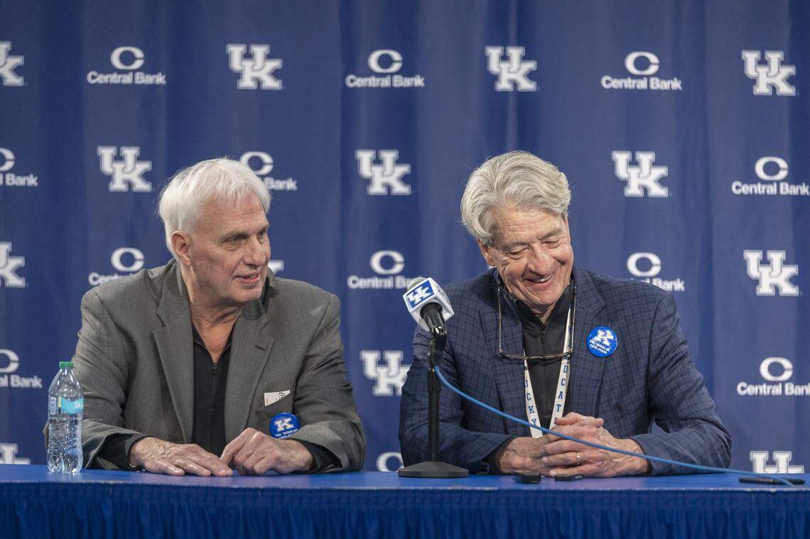 Mike Flynn, left, and Jimmy Dan Conner, of the 1975 Kentucky basketball team that finished as the national runner-up, answer questions during a press conference at Rupp Arena in Lexington, Ky., on Saturday, Feb. 8, 2025. The 1975 team was honored during halftime of Saturday’s game against South Carolina.
