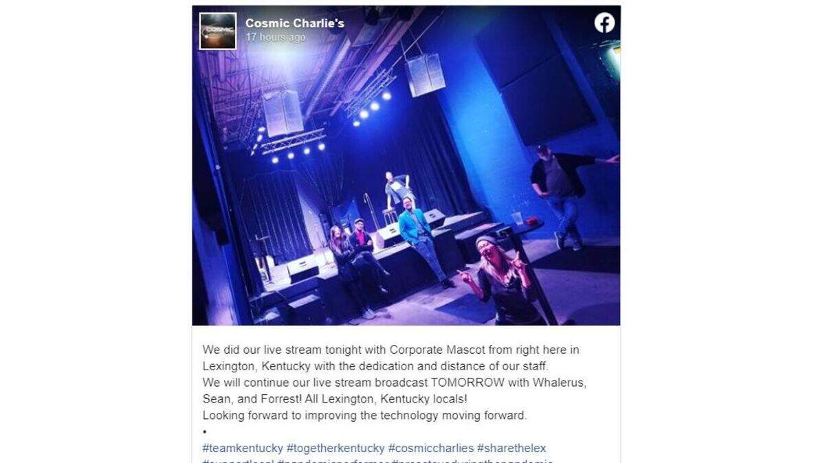 Cosmic Charlie’s touted their livestream of a Corporate Mascot show on its Facebook page.