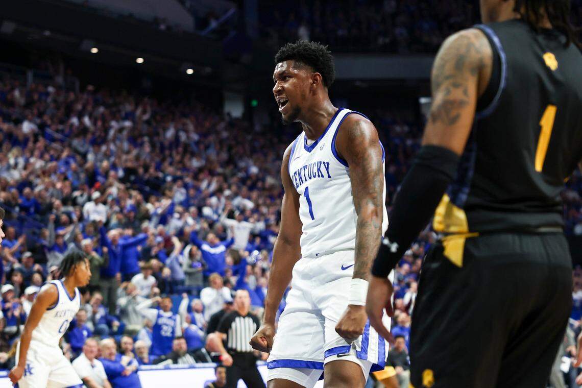Kentucky’s Justin Edwards (1) celebrates a bucket against Texas A&M-Commerce during Friday night’s Wildcats win in Rupp Arena. UK improved to 2-0.