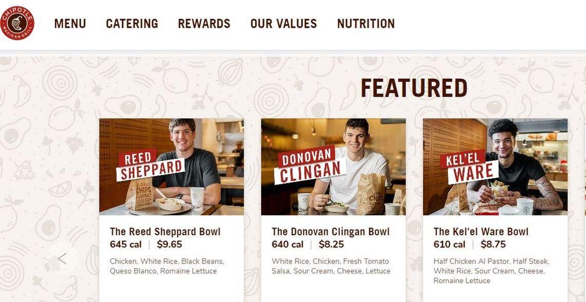 Reed Sheppard and other college basketball players are featured with their Chipotle orders on the restaurant’s website for limited time specials.