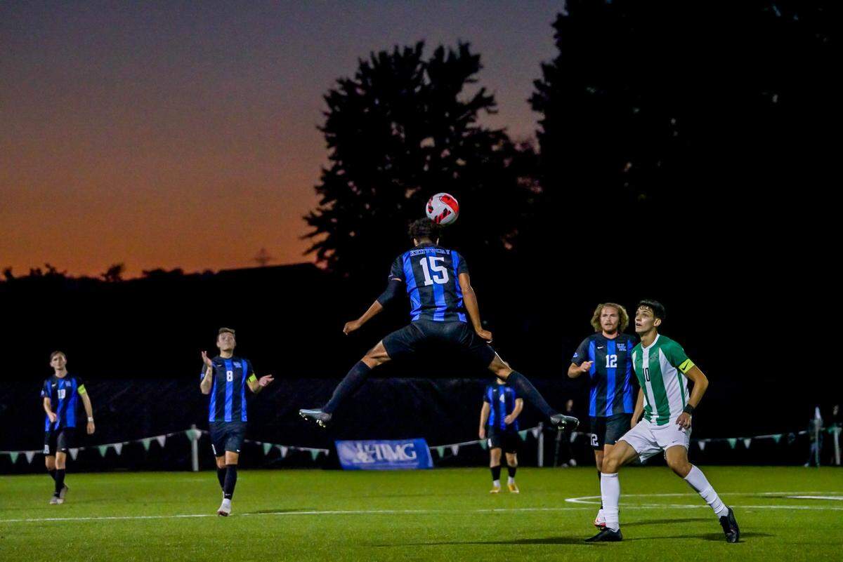 Kentucky forward Brock Lindow rises up for a header during UK’s match at Marshall on Saturday, September 25, at Hoops Family Field in Huntington, West Virginia. Kentucky remained undefeated for the season after playing Marshall, the defending NCAA champions, to a 0-0 draw.