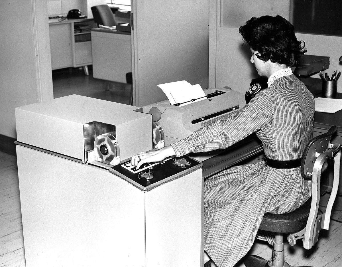 IBM employee Rita Palumbo in Lexington uses a late-model prototype fo the MT/ST in the early 1960s. When the product was launched in 1964, it was a revolutionary tool, the first electronic word processor. Photo provided