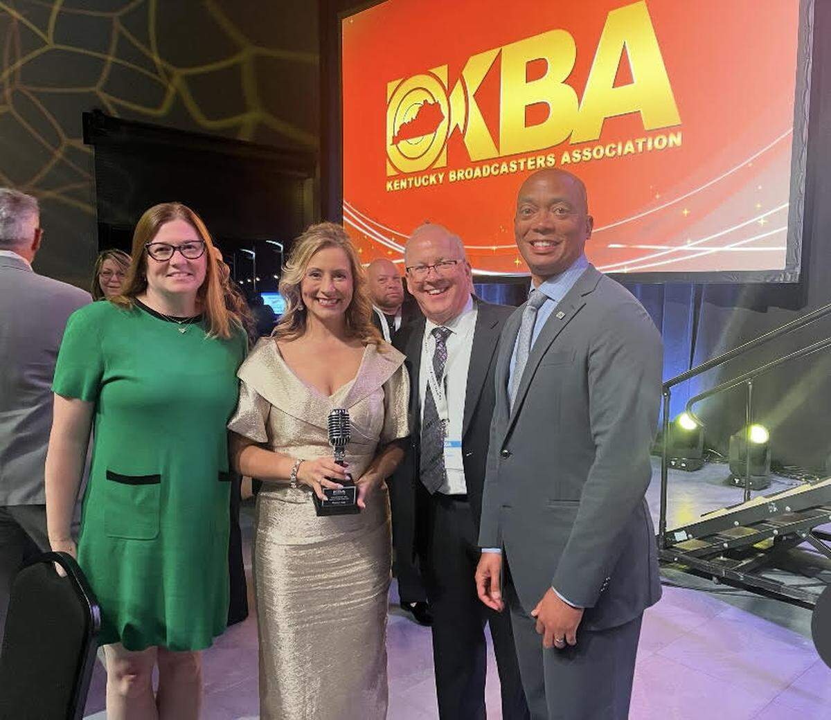 Former WLEX news anchor Nancy Cox, second from left, posed with former co-workers including news director Jennifer Smith, retired assignment manager Mike Taylor and general manager Sean Franklin Sept. 14, when Cox was inducted into the Kentucky Broadcasters Association Hall of Fame in Owensboro, Ky.
