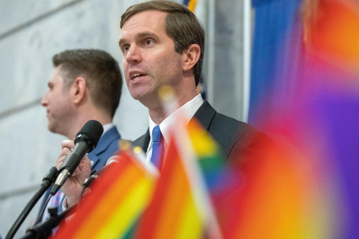 Kentucky Gov. Andy Beshear speaks during the statewide Fairness Rally at the Kentucky state Capitol in Frankfort, Ky., Wednesday, Feb. 19, 2020.