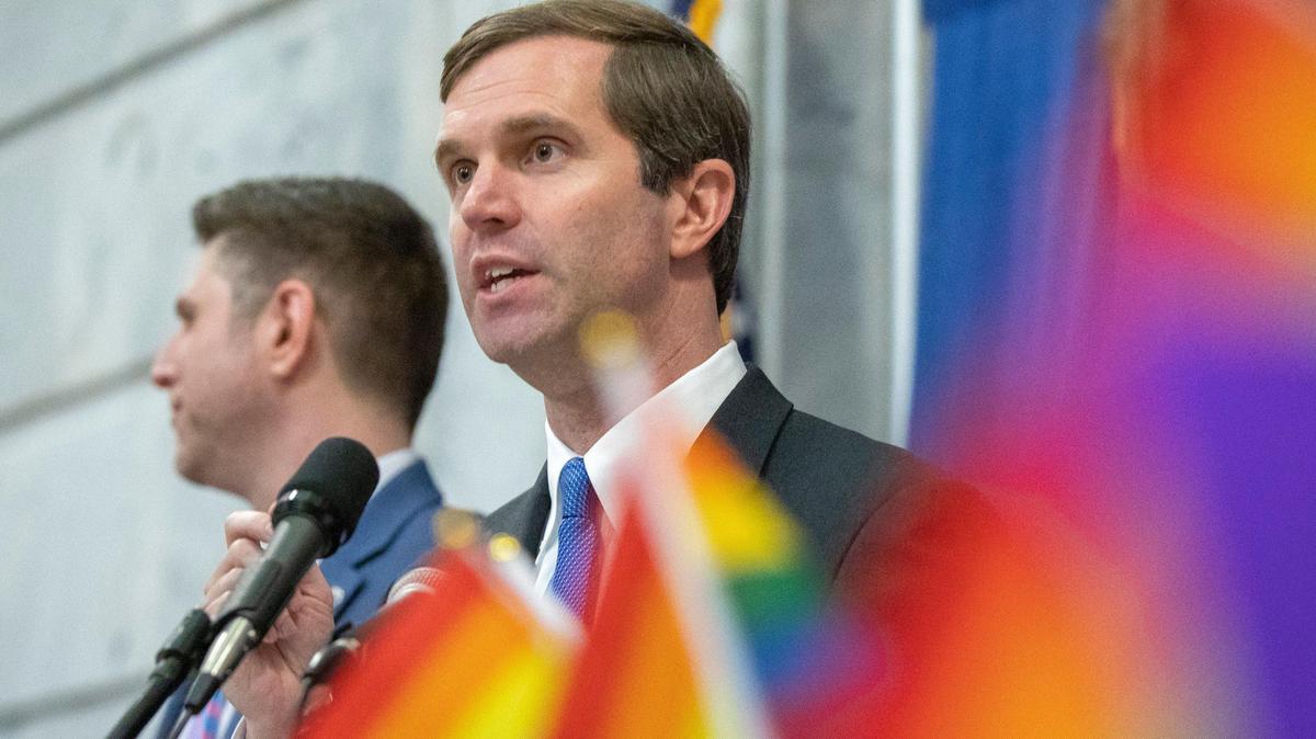 Kentucky Gov. Andy Beshear speaks during the statewide Fairness Rally at the Kentucky state Capitol in Frankfort, Ky., Wednesday, Feb. 19, 2020.